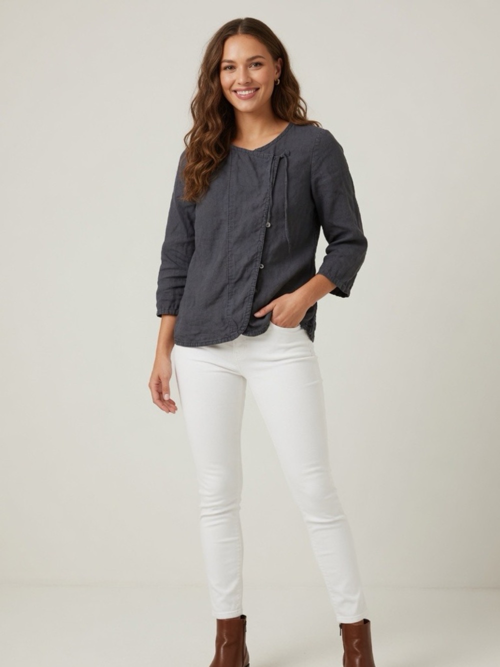Poetry Women’s Charcoal Gray Lightweight 100% Linen Cross Top Size 4